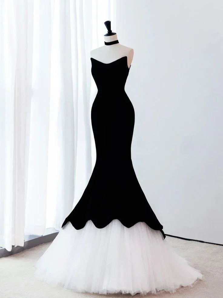 Black Mermaid Velvet Tulle Long Prom Dress Evening Dress Y4678