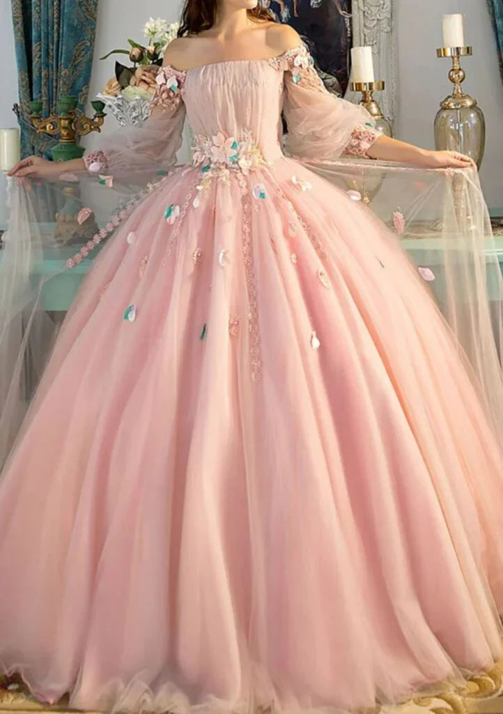 Vestido de Baile de Tule com Aplicações Cor-de-Rosa de Ombro a Descoberto, Vestido de Gala Formal em Linha A Bonito Y8374