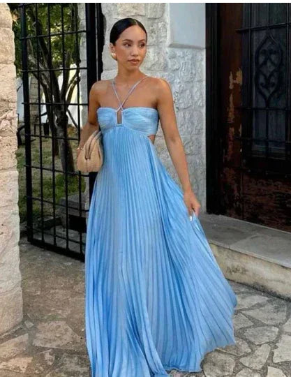 Vestido largo de fiesta azul sexy con tirantes finos tipo halter, línea en A, sin espalda Y8090