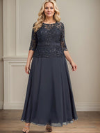 A-line Scoop Illusion Ankle-Length Chiffon Lace Mother of the Bride Dress With Rhinestone Beading