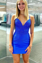 Sheath V neck Beaded Satin Homecoming Dress