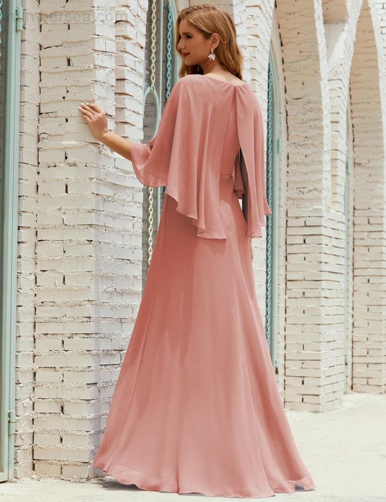 Bridesmaid Dress Women Long Sleeve V-Neck Chiffon Formal Wedding Party Dress 28018