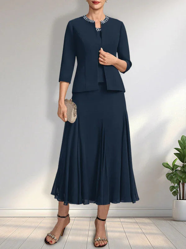 Getrenntes A-Linien Kleid mit U-Boot-Ausschnitt in Tee-Länge aus Chiffon für die Brautmutter mit Paillettenstickerei