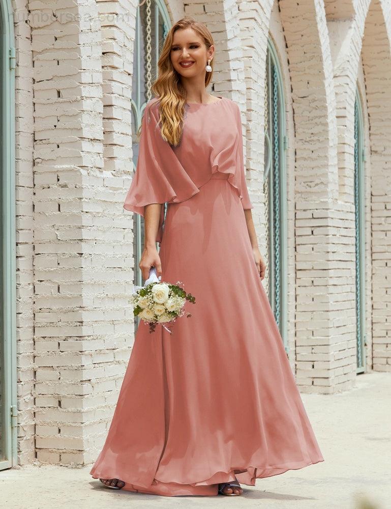 Bridesmaid Dress Women Long Sleeve V-Neck Chiffon Formal Wedding Party Dress 28018