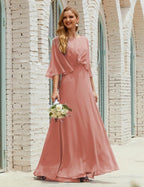 Bridesmaid Dress Women Long Sleeve V-Neck Chiffon Formal Wedding Party Dress 28018