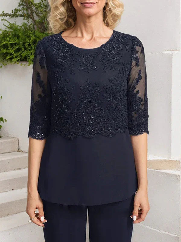 Combinaison/Pantalon Séparés Col Rond Longueur Sol en Mousseline Dentelle Robe de la Mère de la Mariée avec Paillettes