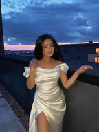 Vestido largo de noche blanco de satén con hombros descubiertos, vestido de noche blanco, Y2514