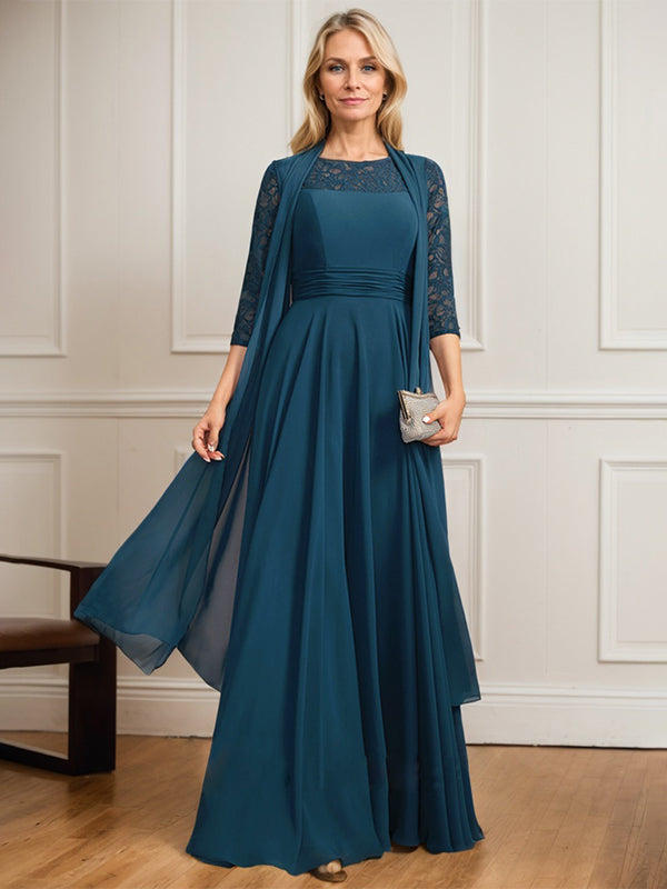 A-line Scoop Illusion Floor-Length Lace Chiffon Mother of the Bride Dress With Pleated