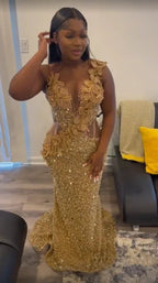 Vestido de noche sirena con apliques de lentejuelas doradas lujosas Y7880