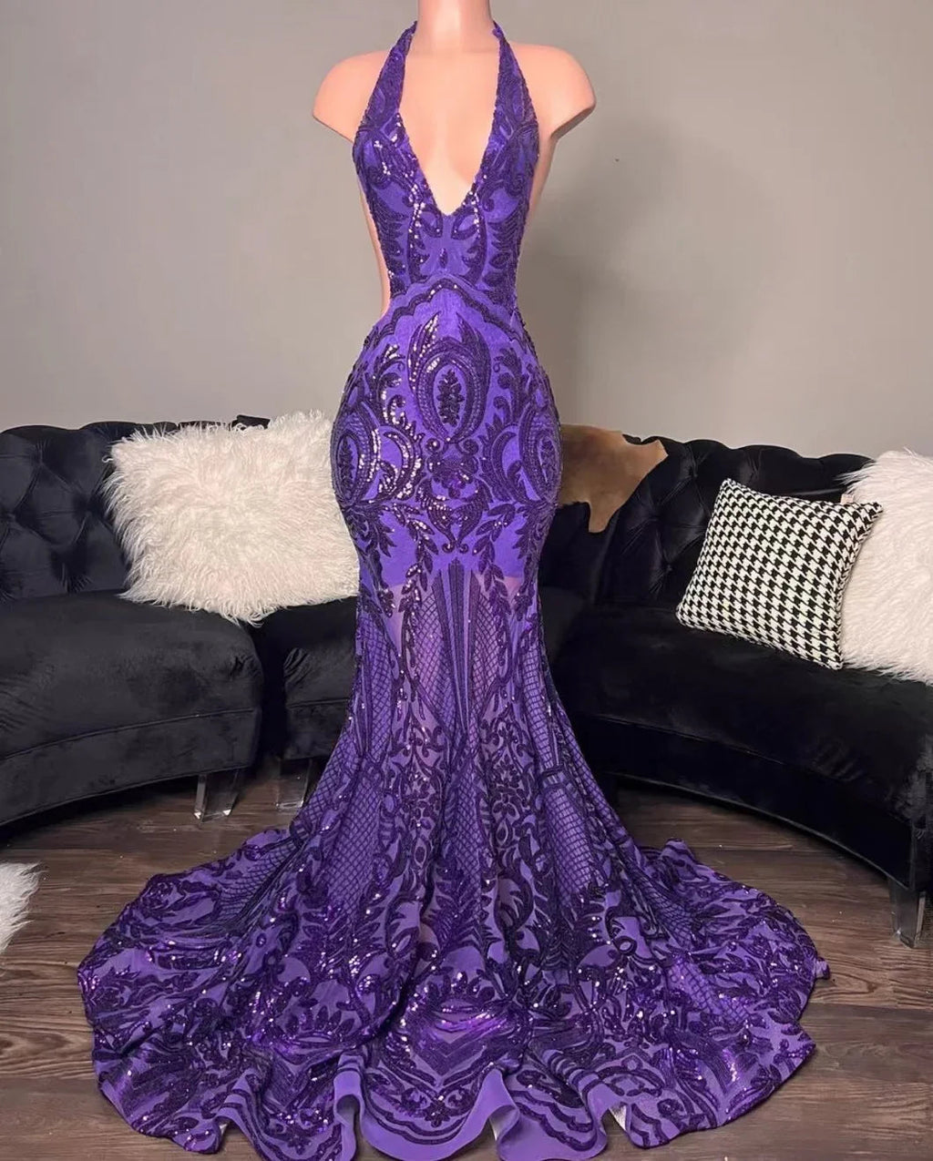 vestidos de fiesta morados, vestidos de fiesta sirena, vestidos de noche hechos a medida, vestidos de fiesta a la moda, vestidos de fiesta con cuello halter, vestidos formales brillantes Y1455