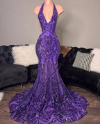vestidos de fiesta morados, vestidos de fiesta sirena, vestidos de noche hechos a medida, vestidos de fiesta a la moda, vestidos de fiesta con cuello halter, vestidos formales brillantes Y1455