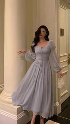 Vestido de Festa Elegante Cinzento em Chiffon com Renda e Mangas Compridas para Baile de Finalistas Y8021