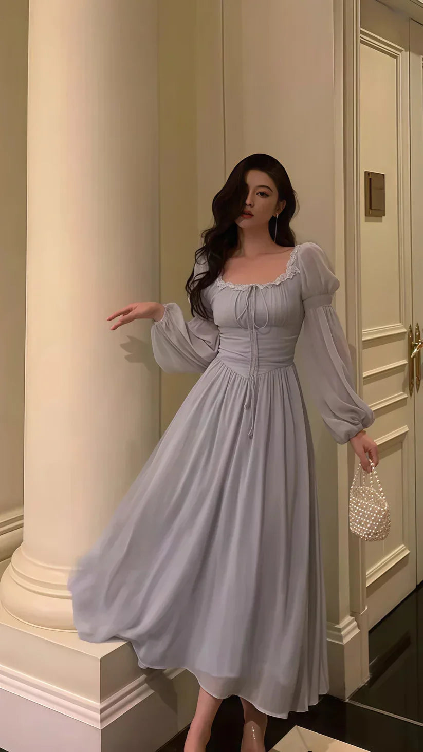Vestido de Festa Elegante Cinzento em Chiffon com Renda e Mangas Compridas para Baile de Finalistas Y8021
