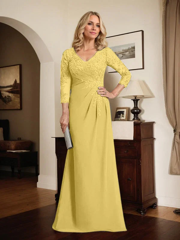 Vestido de madrina de novia con escote en V ilusión, corte columna, largo hasta el suelo, de encaje y gasa con lentejuelas plisadas
