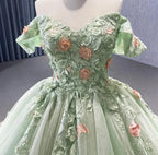 Matcha Green Off The Shoulder Floral Appliqués Shimmering Lace Up Back Quinceañera Pageant Special Occasion Gala Ball Gown Y2190