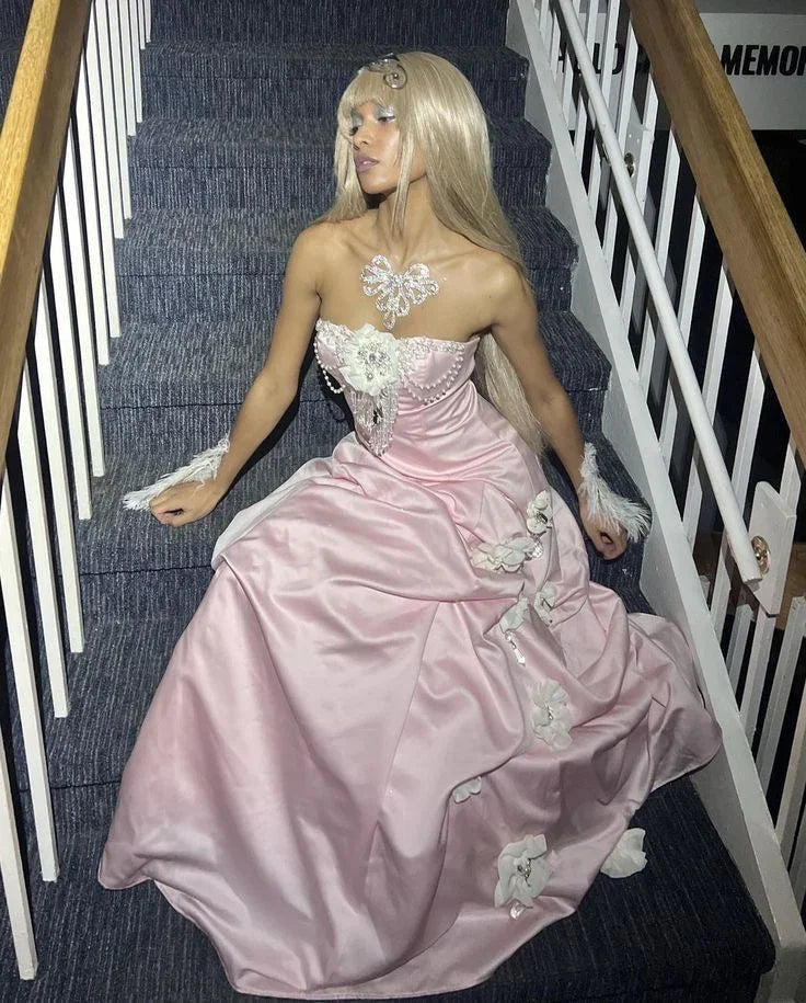 Charming Pink Strapless Long Satin Prom Dresss Formal Evening Dress Ball Gown Y8192