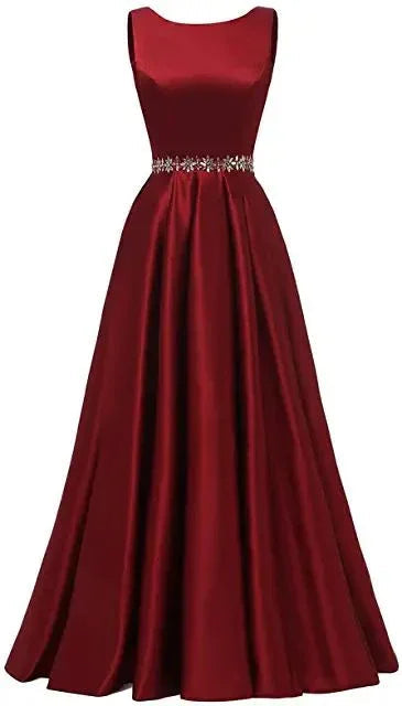 Vestido Longo de Baile para Mulher em Cetim Corte em A com Cinto de Contas Vestido Formal de Noite Y5483