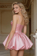 Blush Pink Crystal Corset Satin Mini Dress With Puff Bubble Skirt