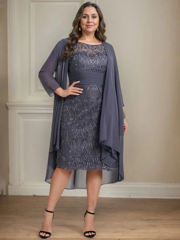 Etui/Säulenförmiges Kleid mit Illusion, knielang, aus Spitze und Chiffon, Brautmutterkleid mit herabfließenden Rüschen und Pailletten