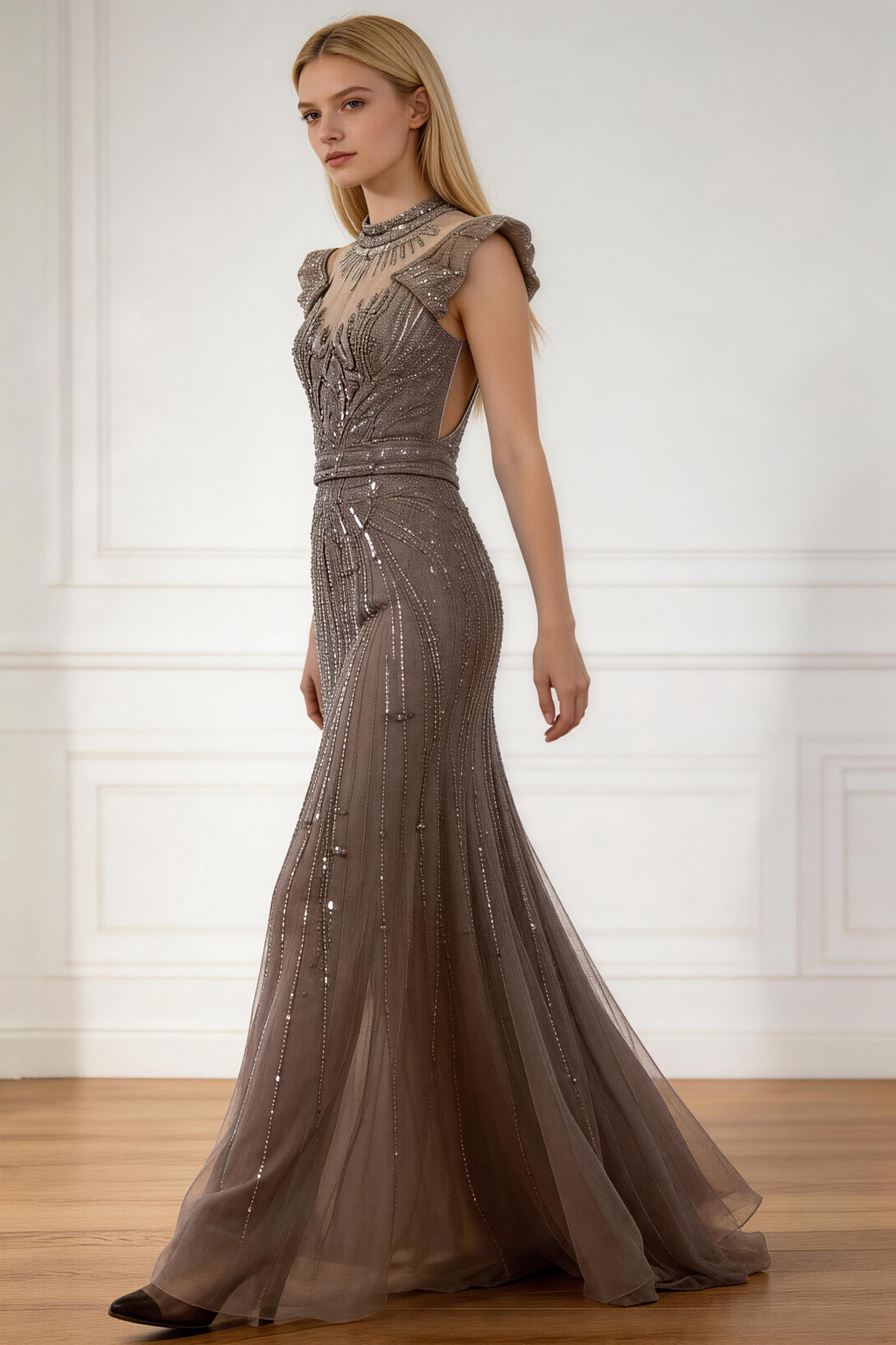 Robe de soirée perles sirène caramel de luxe LA73082