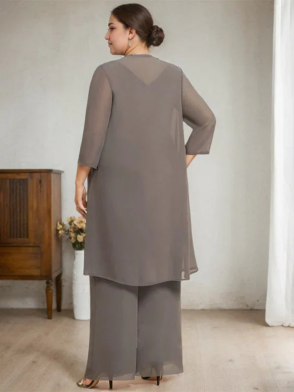 Tuta Separata/Completo Pantaloni Scollo a U Lunghezza Pavimento Chiffon Pizzo Abito Madre della Sposa con Perline e Paillettes
