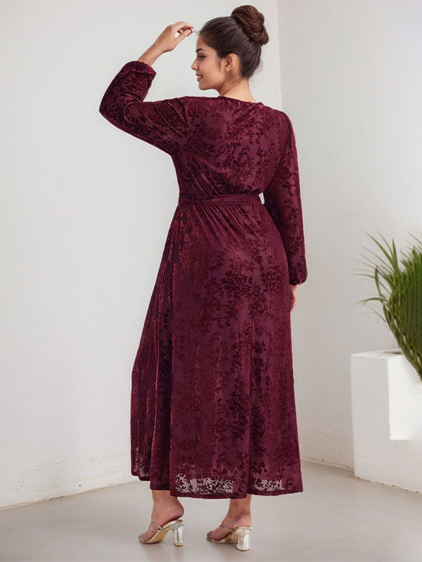A-Line V-Neck Long Sleeves Velvet Tea-Length Mother of the Bride Dress With Split