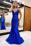 Robe longue de bal bleu royal à paillettes, dos nu, bretelles fines en V