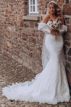 Bubble Sleeves Mermaid Lace Wedding Dress With Sweetheart Neckline