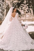 V Neck Long Sleeve Ball Gown Wedding Dress With Applique Lace Beading