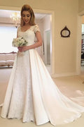 Satin Brush Train A Line Long Wedding Dress With Sleeves