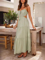 Hohles ärmelloses Plissee-Patchwork-Kleid mit vollem Saum 