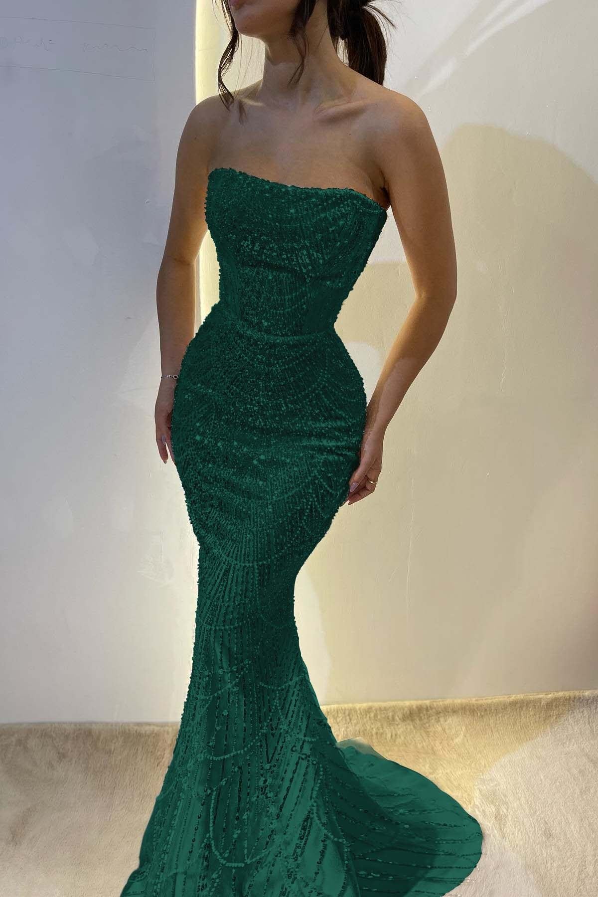 Chic Strapless Long Mermaid Prom Dress With Sequins Custom Colors And Sizes