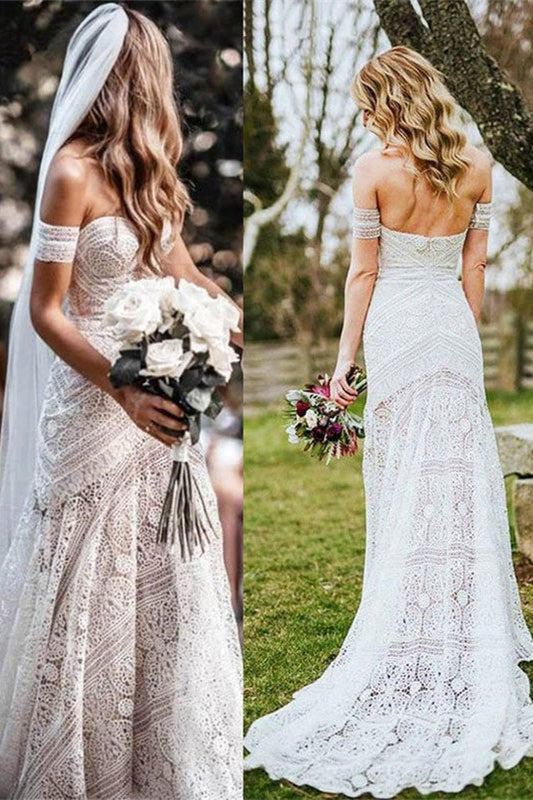 Off Shoulder Mermaid Boho Lace Wedding Dress With Train