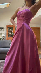 Splendido abito da sera lungo rosa a linea ad A con perline Y7532