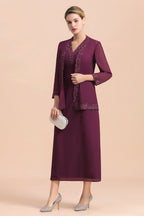 BMbridal Elegant V-Neck SLeeveless Apppliques Grape Mother of Bride Dress with Wraps