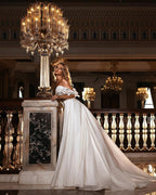 Modest Lace Satin Off The Shoulder A Line Wedding Dress With Sweetheart Appliques