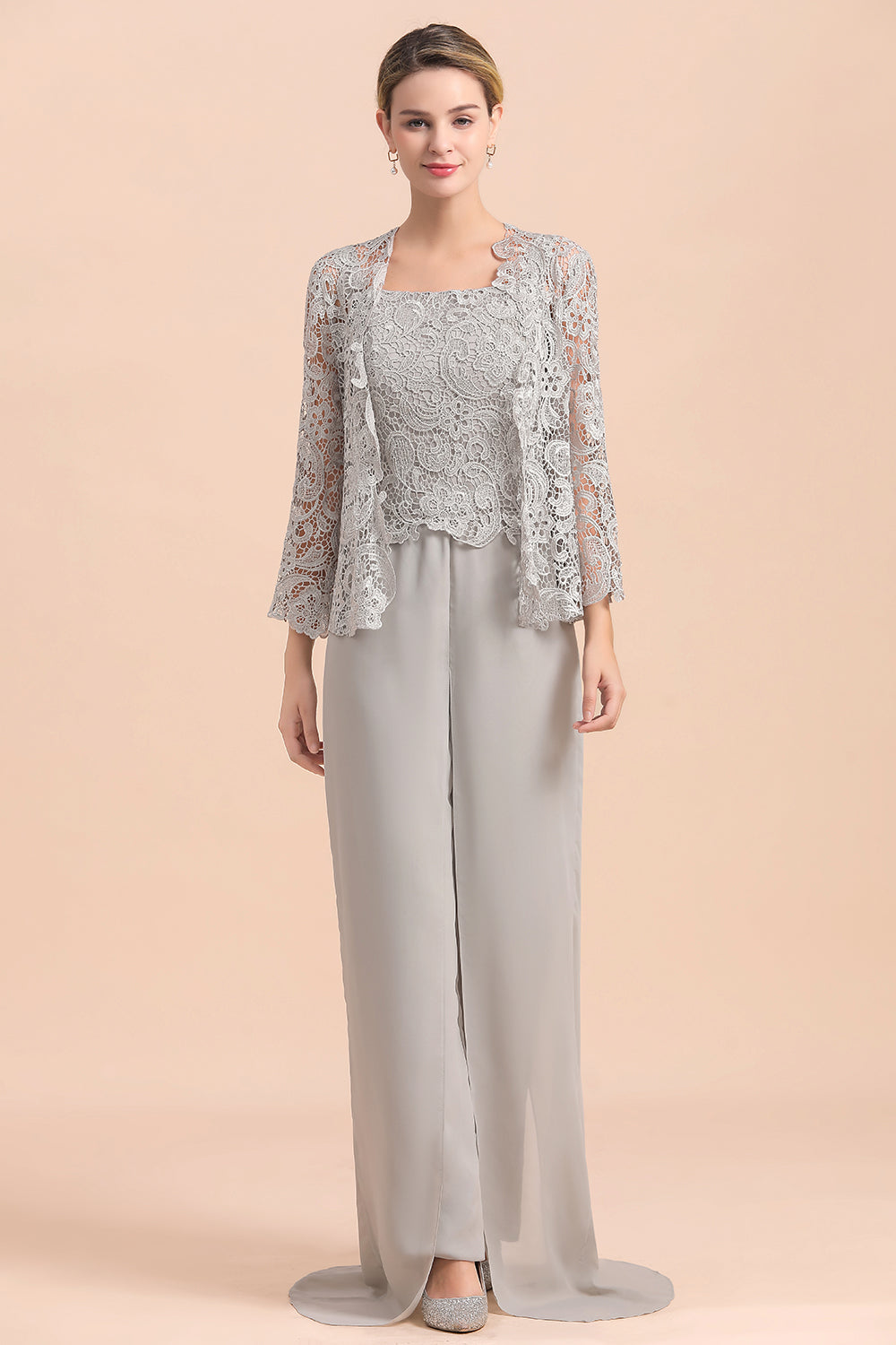 BMbridal Elegant Silver Lace Top Chiffon Mother of Bride Jumpsuit Online with Wrap