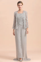 BMbridal Elegant Silver Lace Top Chiffon Mother of Bride Jumpsuit Online with Wrap