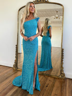 Meerjungfrau One-Shoulder Pailletten Ballkleid mit Schlitz