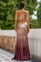 Sparkly Pink Sequins Halter Mermaid Long Prom Dress