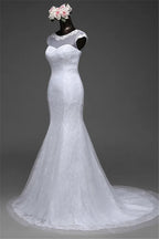 Beautiful Lace Long Mermaid Jewel Wedding Dress With Tulle Overskirt