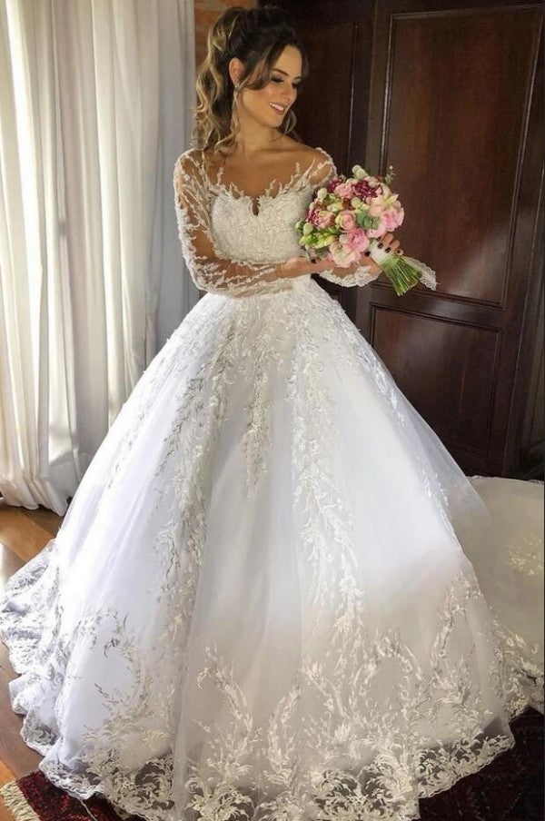 Charming Princess Tulle Wedding Dress With Long Sleeves And Appliques