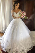Charming Princess Tulle Wedding Dress With Long Sleeves And Appliques