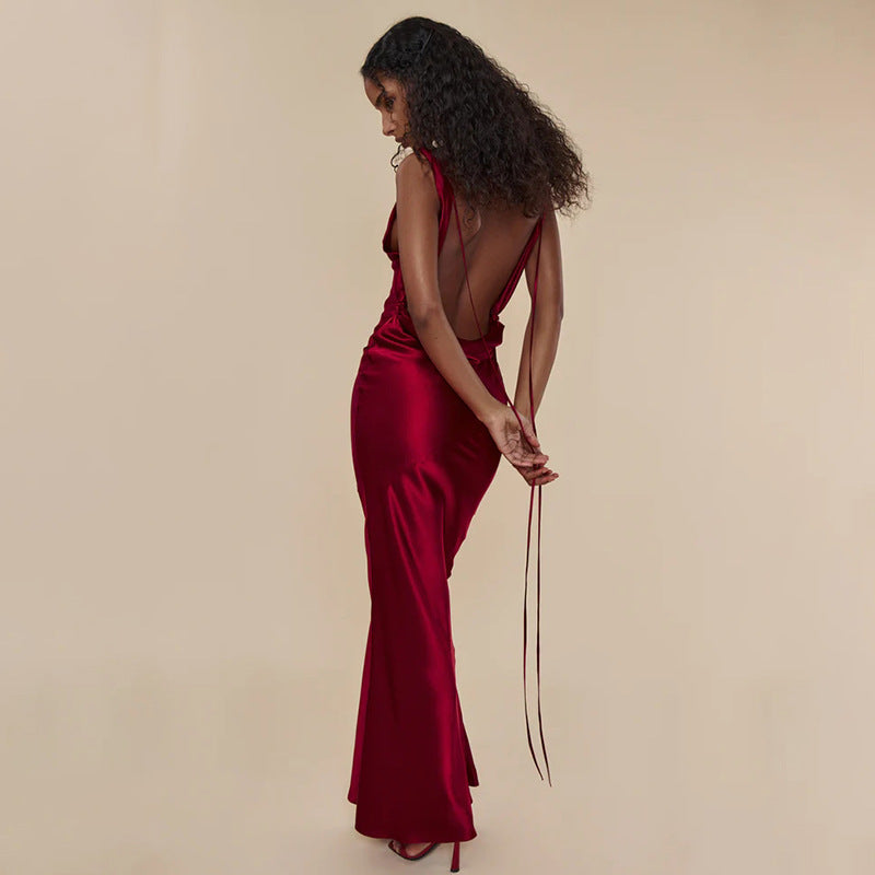 Abito da Cocktail Sera per Donna con Scollo Asimmetrico e Spalline, Abito Sexy Senza Schienale con Lacci, Abito Lungo