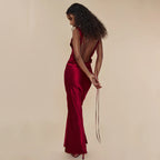 Abito da Cocktail Sera per Donna con Scollo Asimmetrico e Spalline, Abito Sexy Senza Schienale con Lacci, Abito Lungo