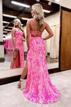 Vestidos de Baile de Renda com Lantejoulas Coração, Modelo Sereia, com Fenda