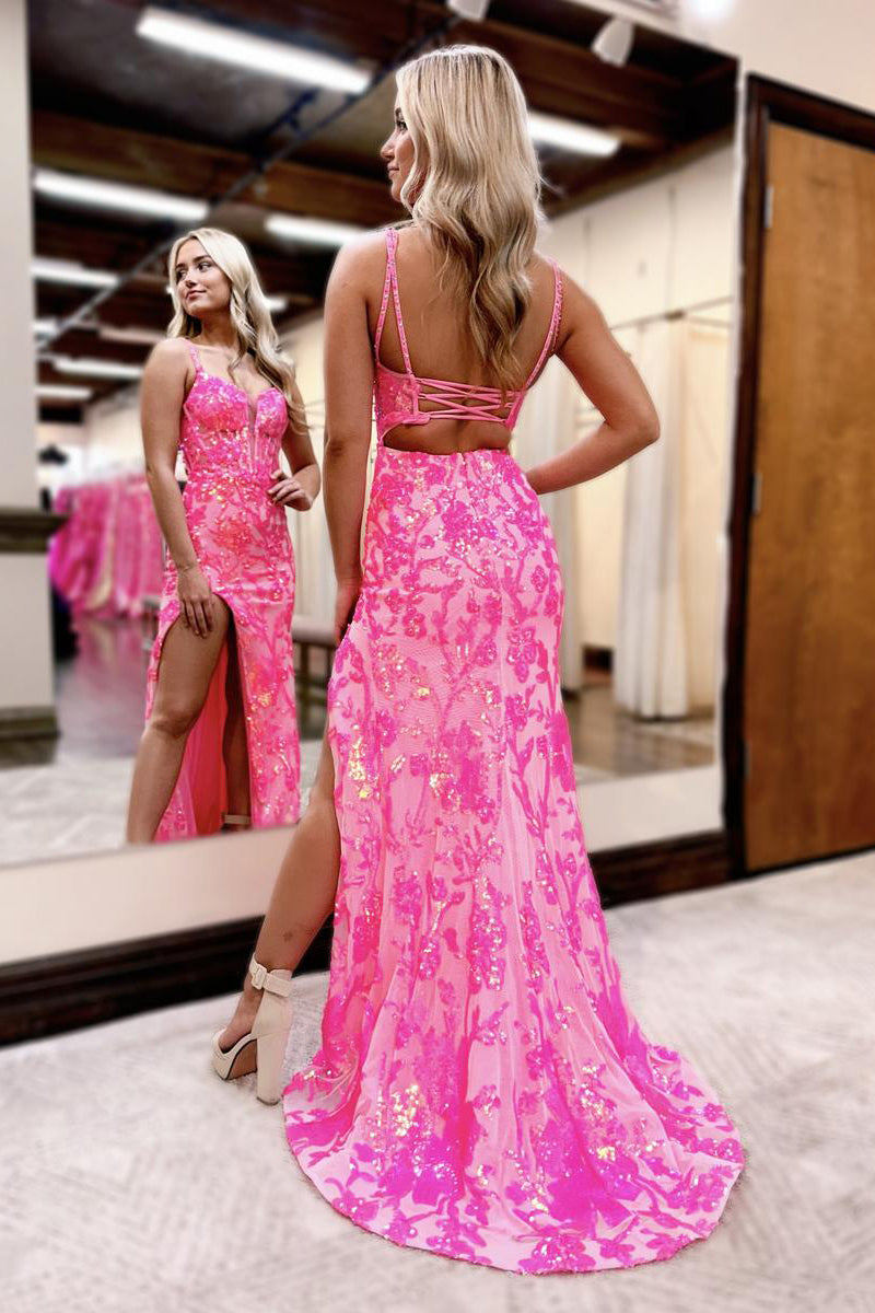 Vestidos de Baile de Renda com Lantejoulas Coração, Modelo Sereia, com Fenda