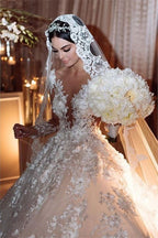 Modest Backless Floor Length Princess Wedding Dress With Lace Appliques