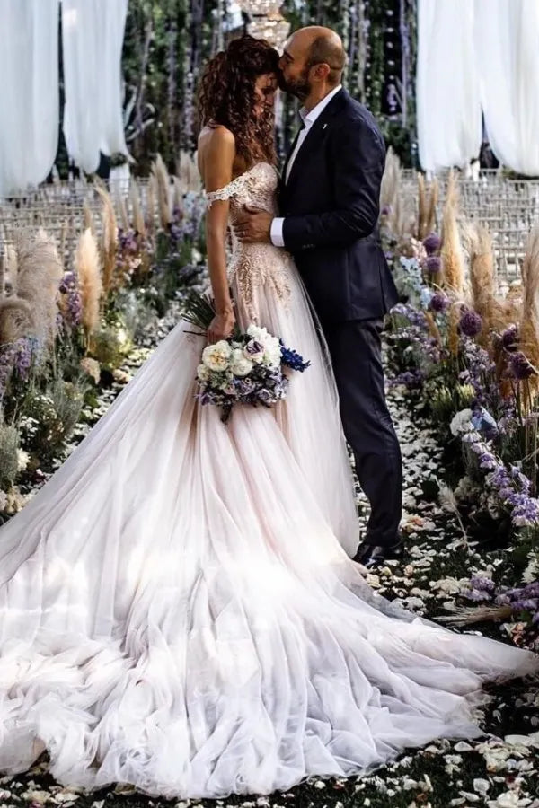 Chic A Line Off The Shoulder Lace Tulle Wedding Dress