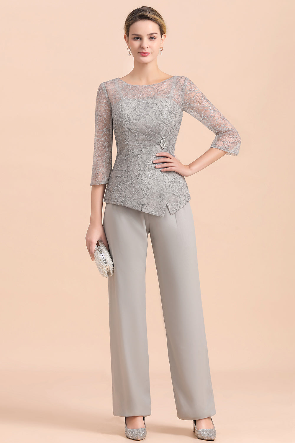 BMbridal Elegant 3/4 Sleeves Lace Chiffon Affordable Mother of Bride Jumpsuit Online